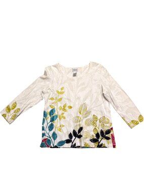 Chico's Women's T-Shirt Sz 1 Small Beige Botanical Leaf Print 3/4 Sleeve Stretch